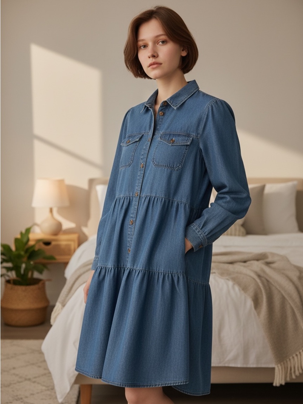 American Eagle Outfitters Denim Tiered Shirt Dress - Blue L Long - Picture 1 of 7